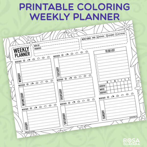 Printable Coloring Weekly Planner - Foliage - Digital Download